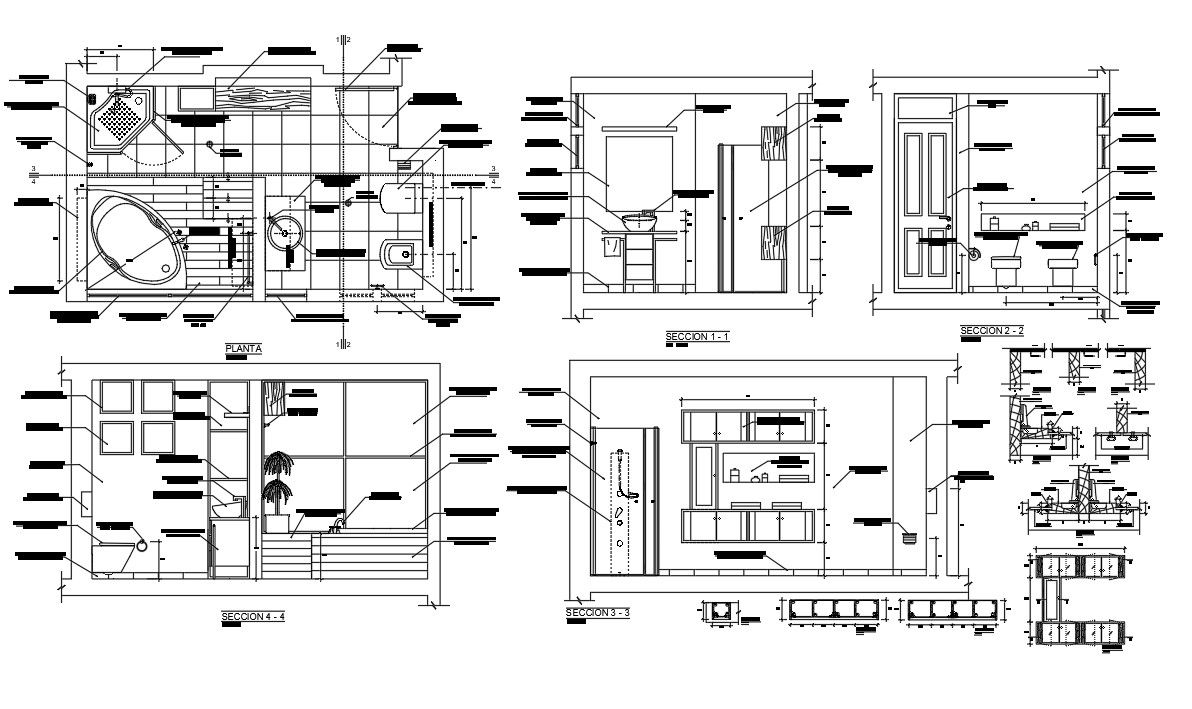 Bathroom Plan And Four Side Section With DWG File
