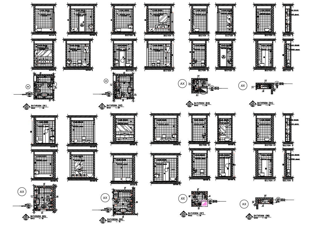 Bathroom cut sections, plans and installation details dwg file