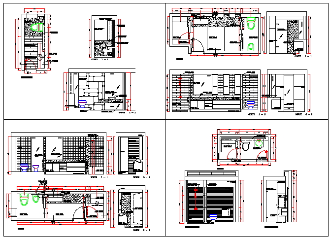 Bathroom details of multi-level housing project dwg file
