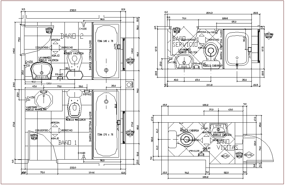 Bathroom plan with different design view for apartment dwg file
