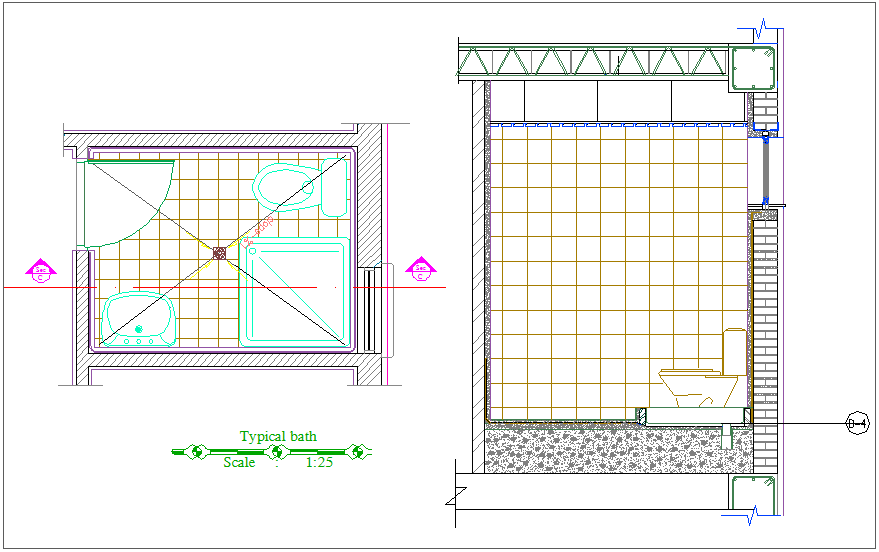 Bathroom typical design plan and section view for apartment dwg file