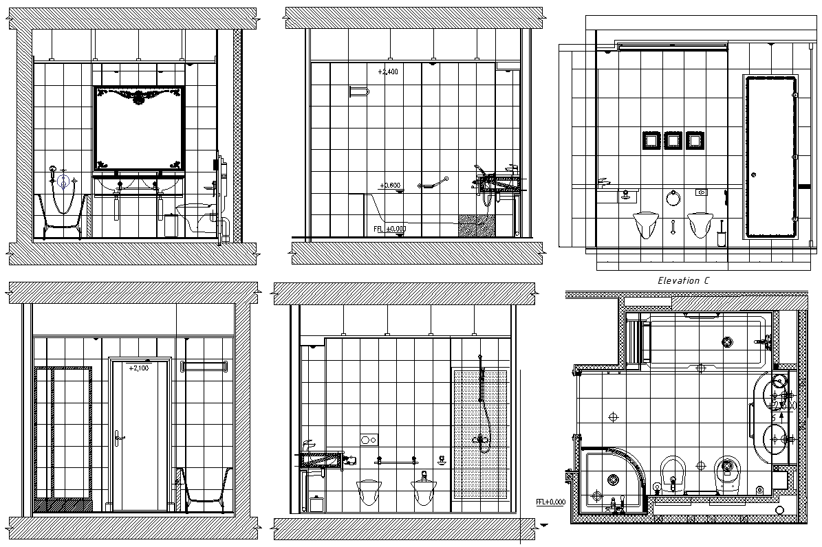 Bathroom Layout Design with Detailed Elevations AutoCAD DWG 