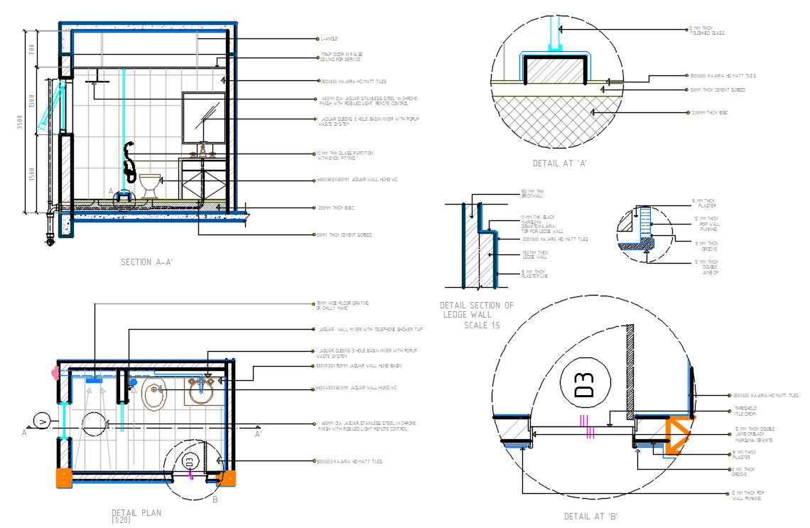 Bathroom Plan And Section With Plumbing Installation Drawing DWG