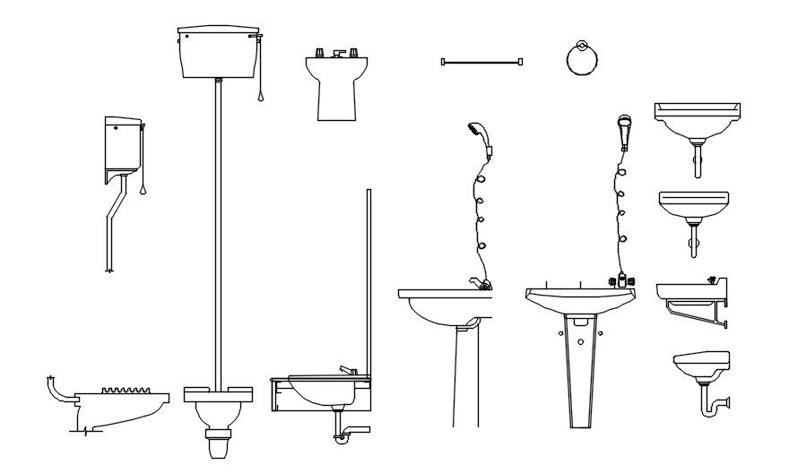 Bathroom and toilet CAD blocks design in AutoCAD 2D drawing, CAD file, dwg file