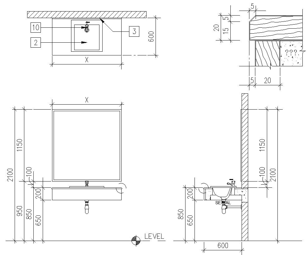 Bathroom basin plan elevation and section details in AutoCAD, dwg file.