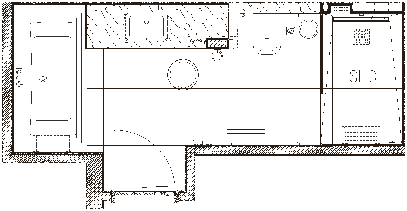 Bathroom design with bathtub washbasin water closet and shower area detail DWG AutoCAD drawing