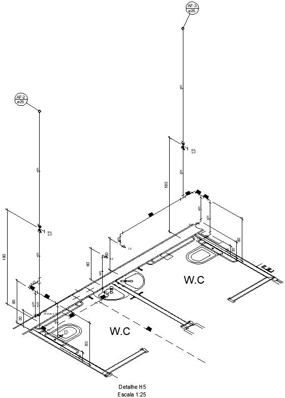 Bathroom piping details in isometric view in AutoCAD, dwg file.