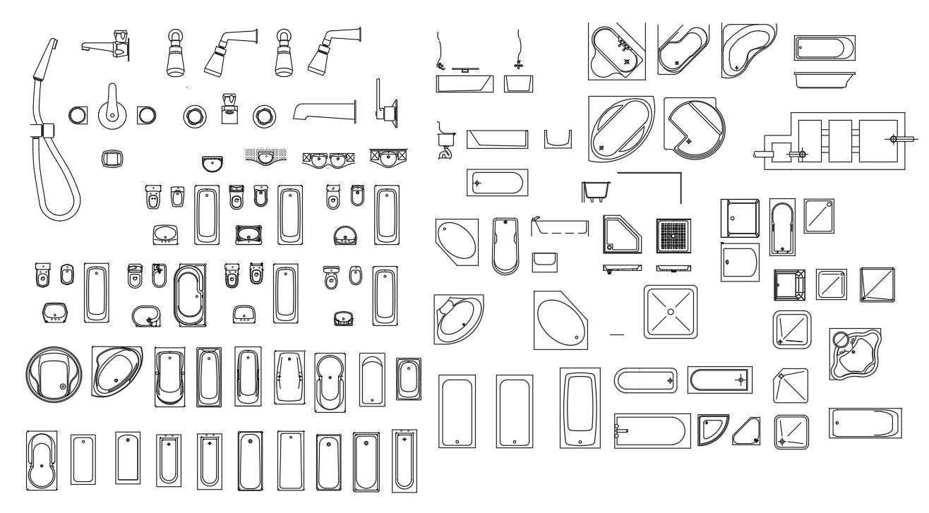 Bathtubs, washbasins and faucets CAD blocks in AutoCAD 2D drawing, CAD file, dwg file