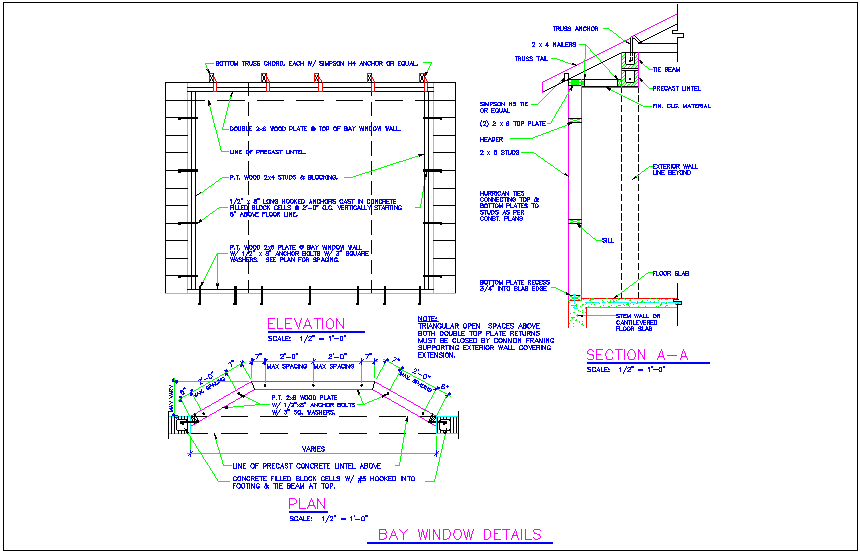 AutoCAD DWG File Showing Bay Window Layout with Elevation and Section