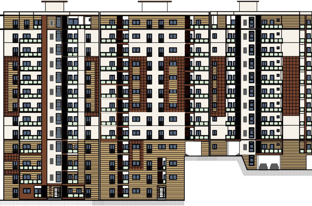 B block the 27x14m service apartment building elevation view is given in this CAD file
