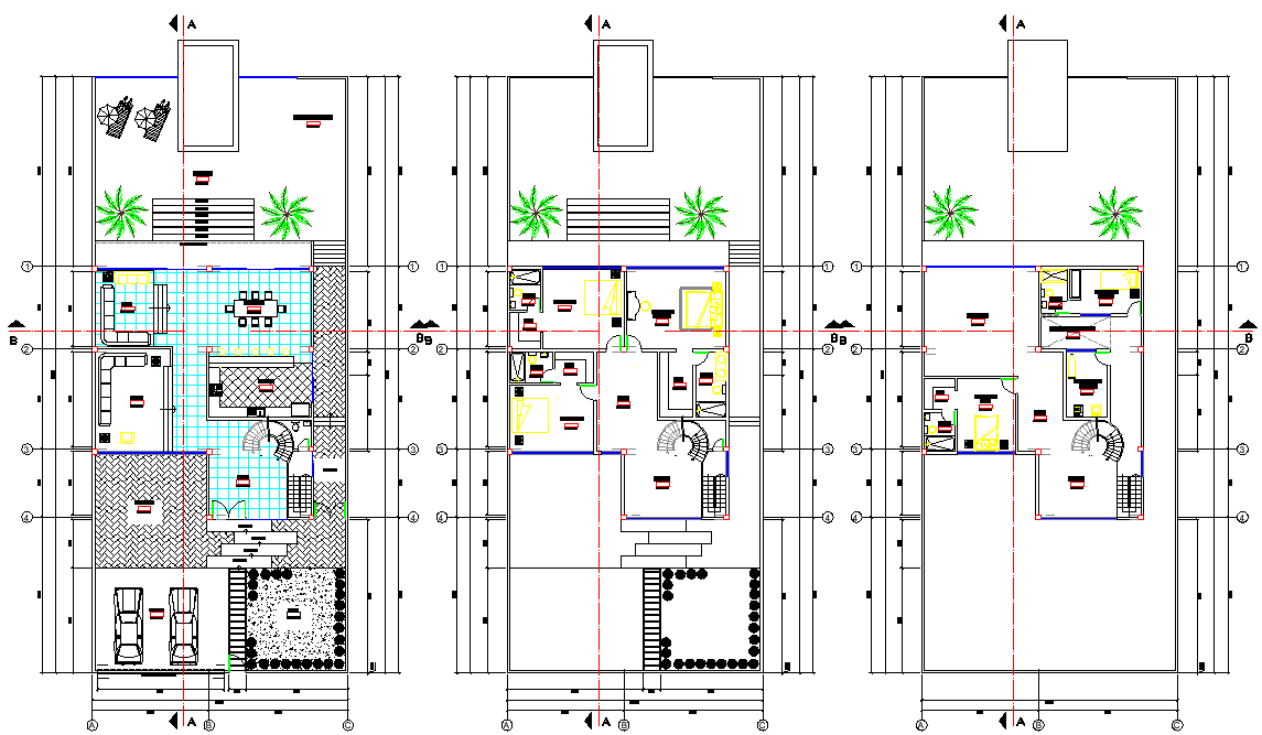 Beach house 3 floors plan detail dwg file