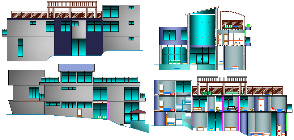Beach house elevation and sectional view details dwg file