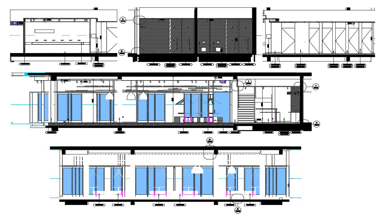 Beach Grill Restaurant elevation design and toilet changing room are given in this AutoCAD Drawing.Download the AutoCAD 2D DWG file.