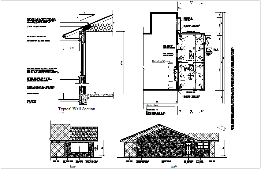 Beam and wall section with floor plan and front view of house dwg file