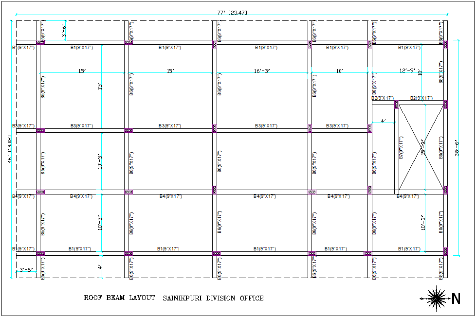 Beam design layout with structural view for Soldier's division office dwg file