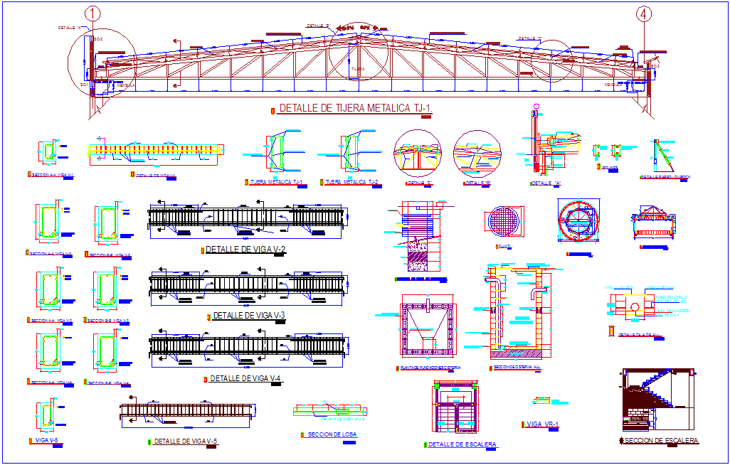 Beam view with truss and stair view with structural view for bank design dwg file