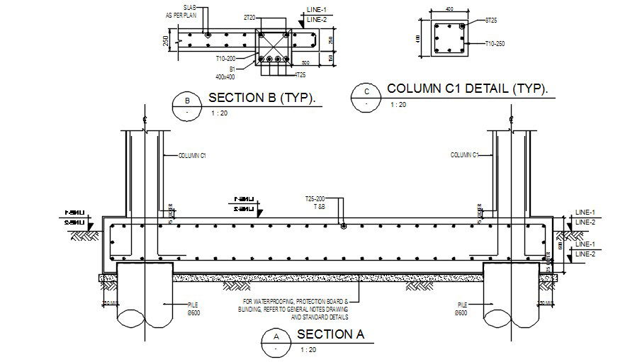 Beam and column typical Section details are given in this 2D AutoCAD DWG drawing. Download the free AutoCAD 2D DWG file.