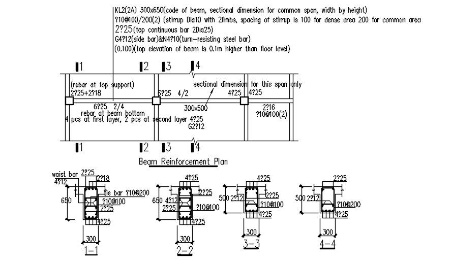 Beam reinforcement plan in detail AutoCAD 2D drawing, dwg file, CAD file
