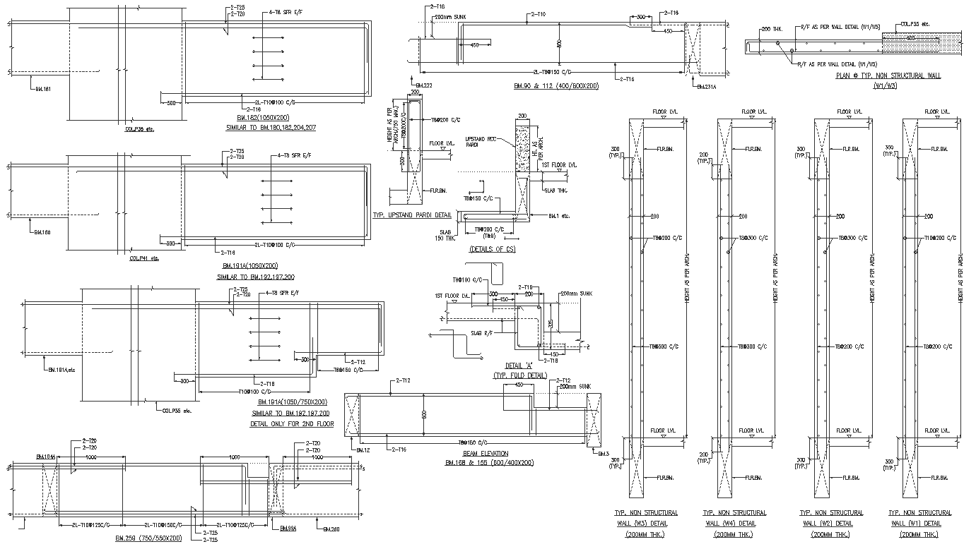 Beam section and typical nonstructural wall detail DWG AutoCAD drawing