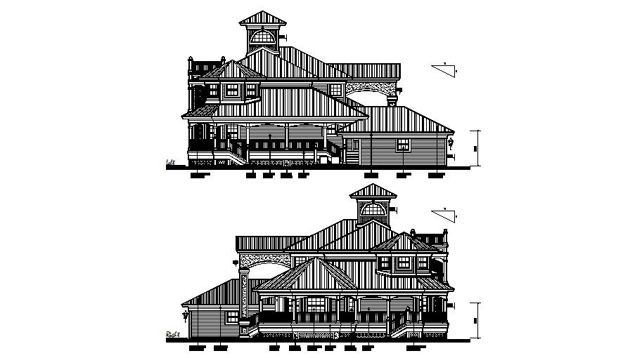 Beautiful three level house right and left side elevation 2d cad drawing