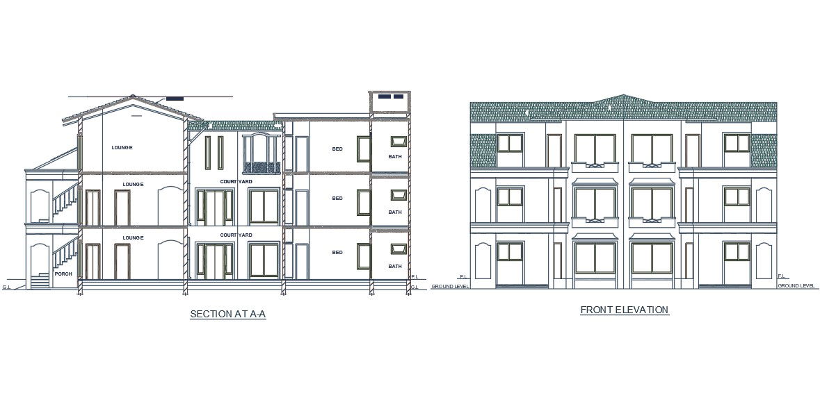 Beautiful section and Front elevation AutoCAD drawing of 2BHK G+2 House.Download the AutoCAD Drawing file.