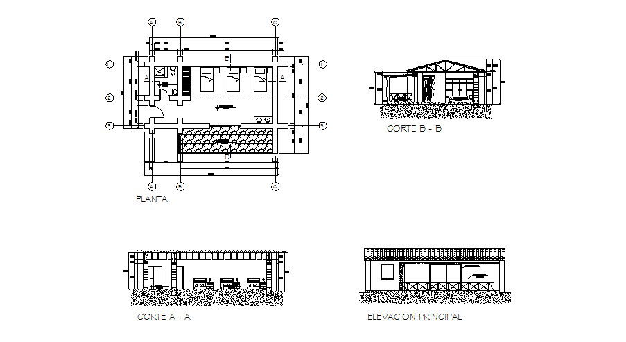 Bedroom of bungalow elevation, section and plan cad drawing details dwg file