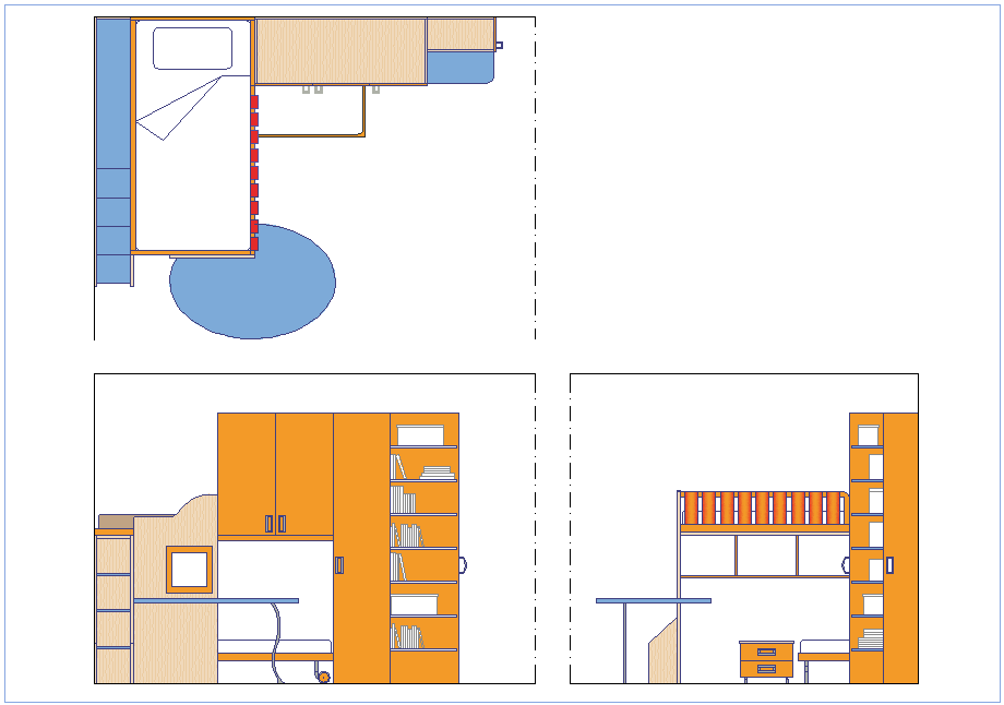 Bedroom plan,elevation and side view dwg file