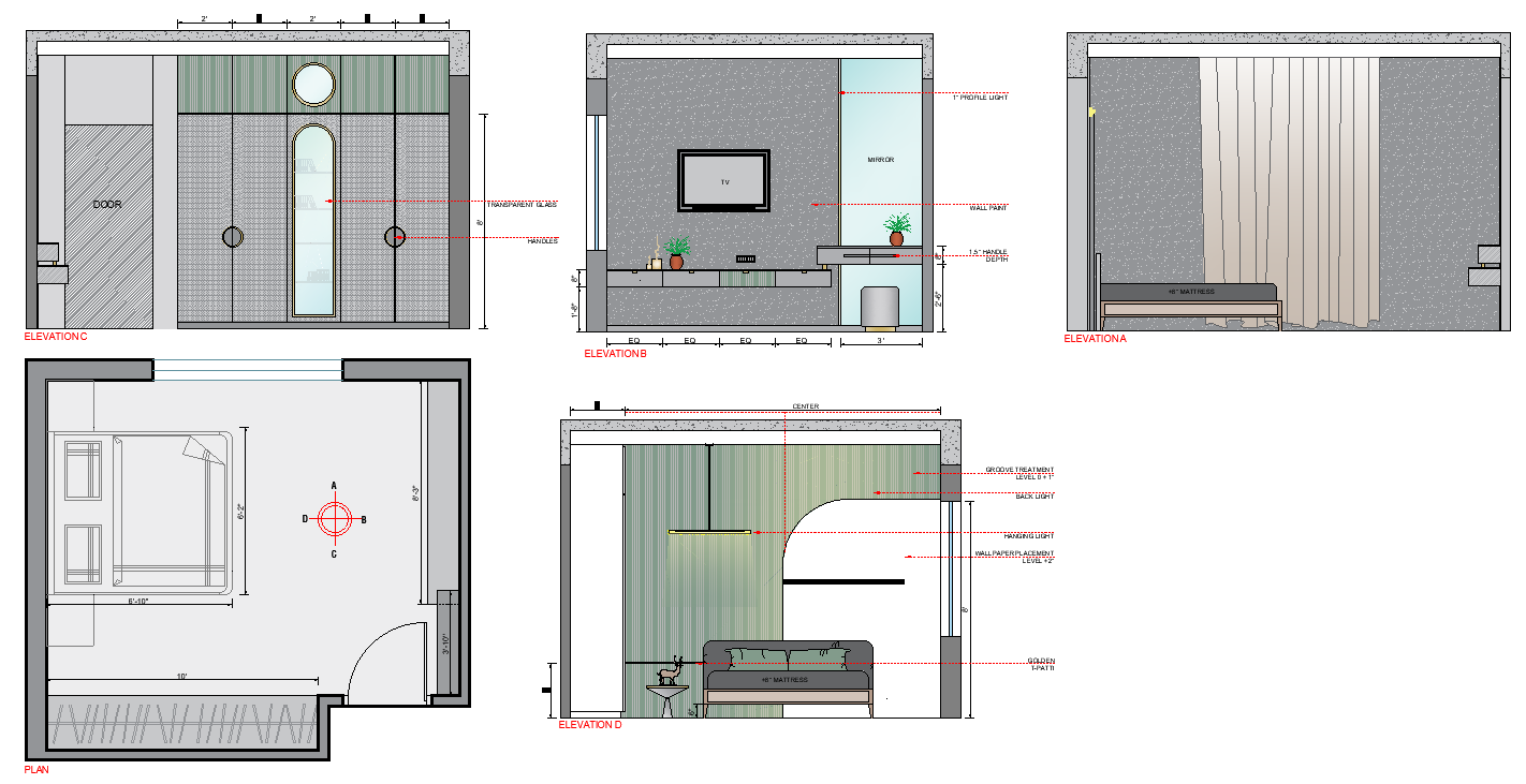 Bedroom 2d renders four walls elevation dwg autocad drawing .