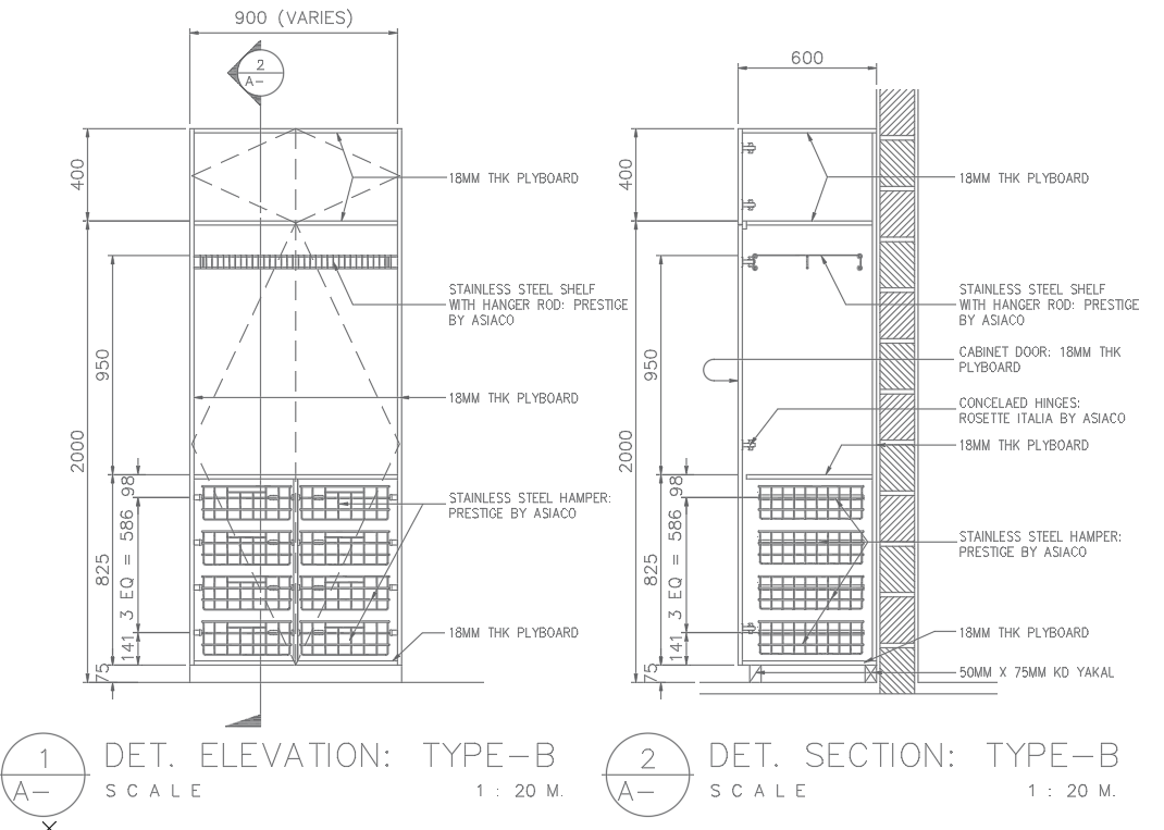 Bedroom Wardrobe Section and Elevation CAD Drawing DWG file
