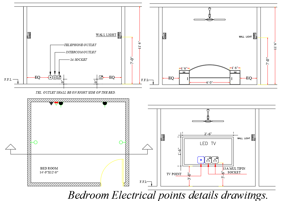 Detailed Bedroom Electrical Point Layout Plan in DWG AutoCAD File