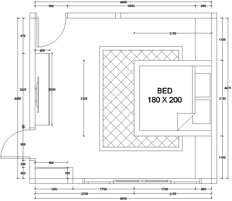 Bedroom design layout in AutoCAD, dwg file.