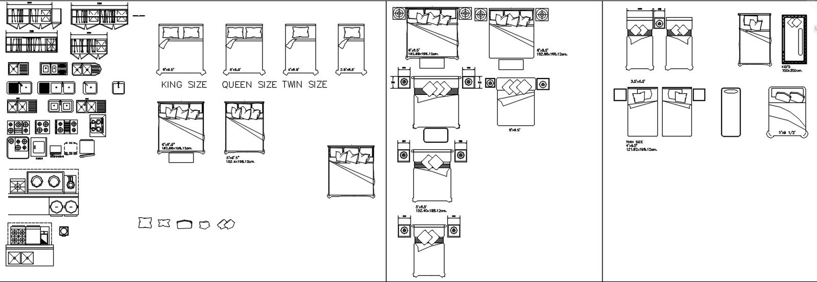 Beds and kitchen furniture blocks design in AutoCAD 2D drawing, CAD file, dwg file