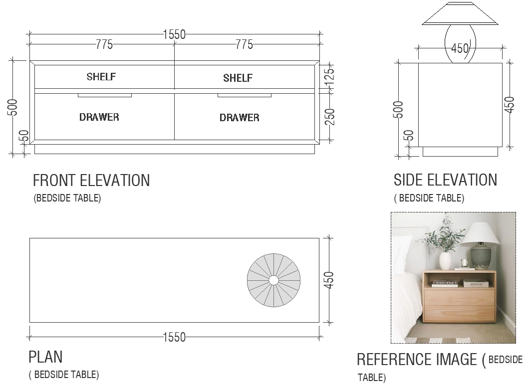 Bedside table design with reference image dwg autocad drawing .