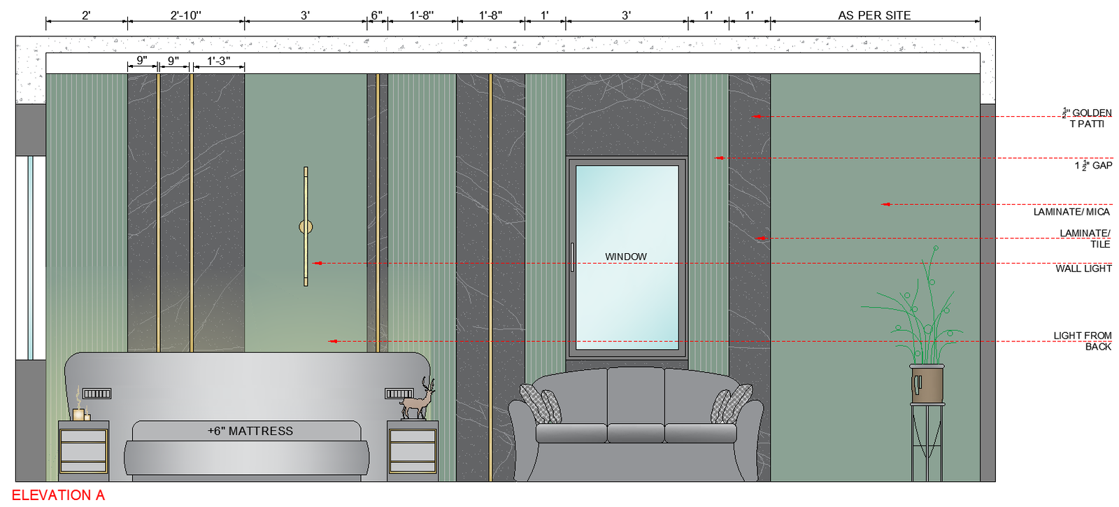 Bedside wall elevation design with detailed dwg autocad drawing .