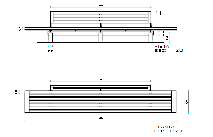 Bench Plan and Elevation CAD Drawing File for Designers