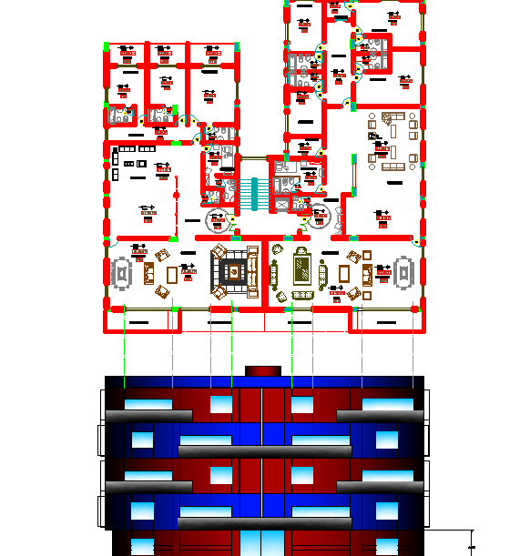 Big Layout plan of a building and elevation dwg file
