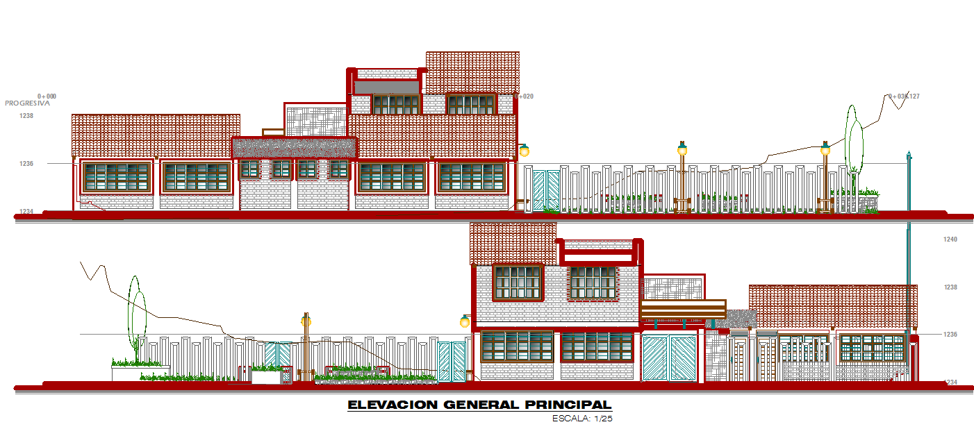 Big elevation of a education center dwg file