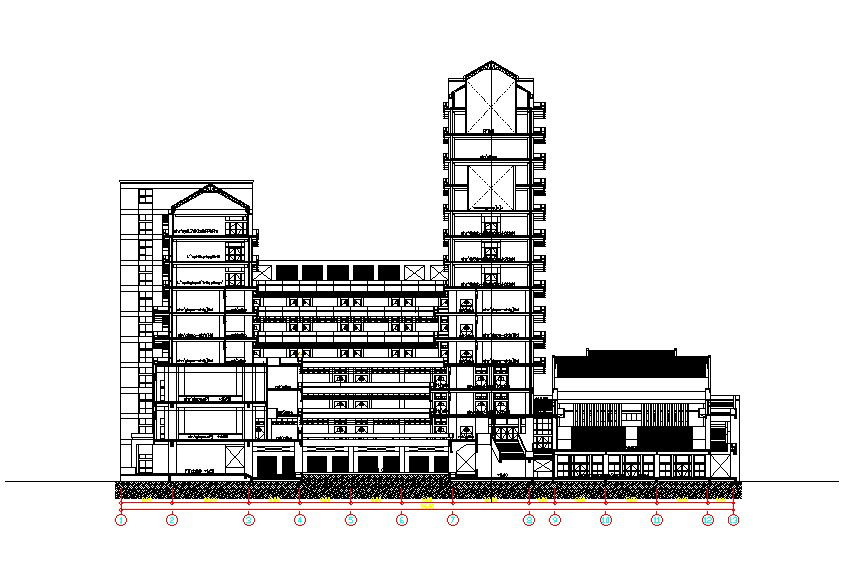 Big hotel building front elevation is given in this AutoCAD DWG file. Download the 2D AutoCAD DWG file now.