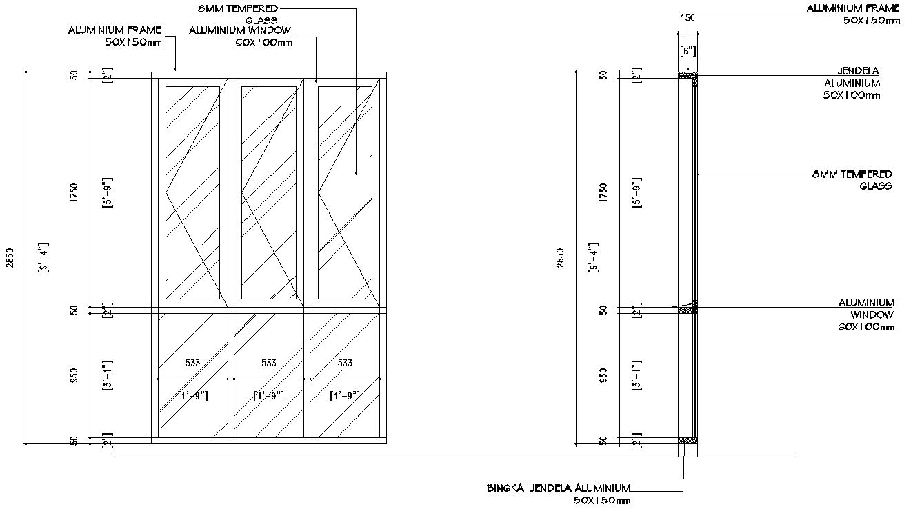 Bingkai jendela aluminum frame details dwg autocad drawing .
