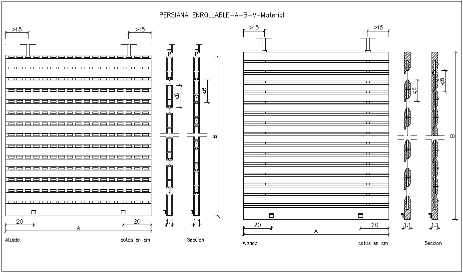 Blind shutter door design view with sectional view dwg file