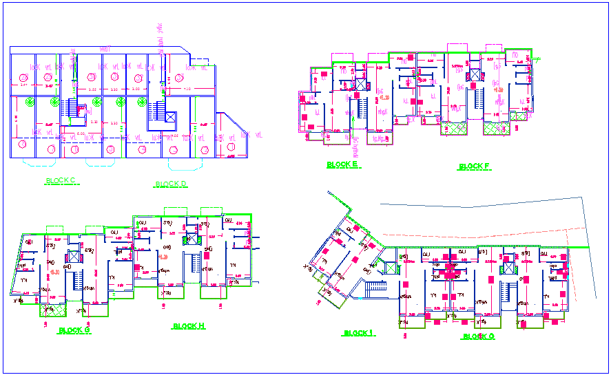 Block C to O plan with structural view for high rise building dwg file