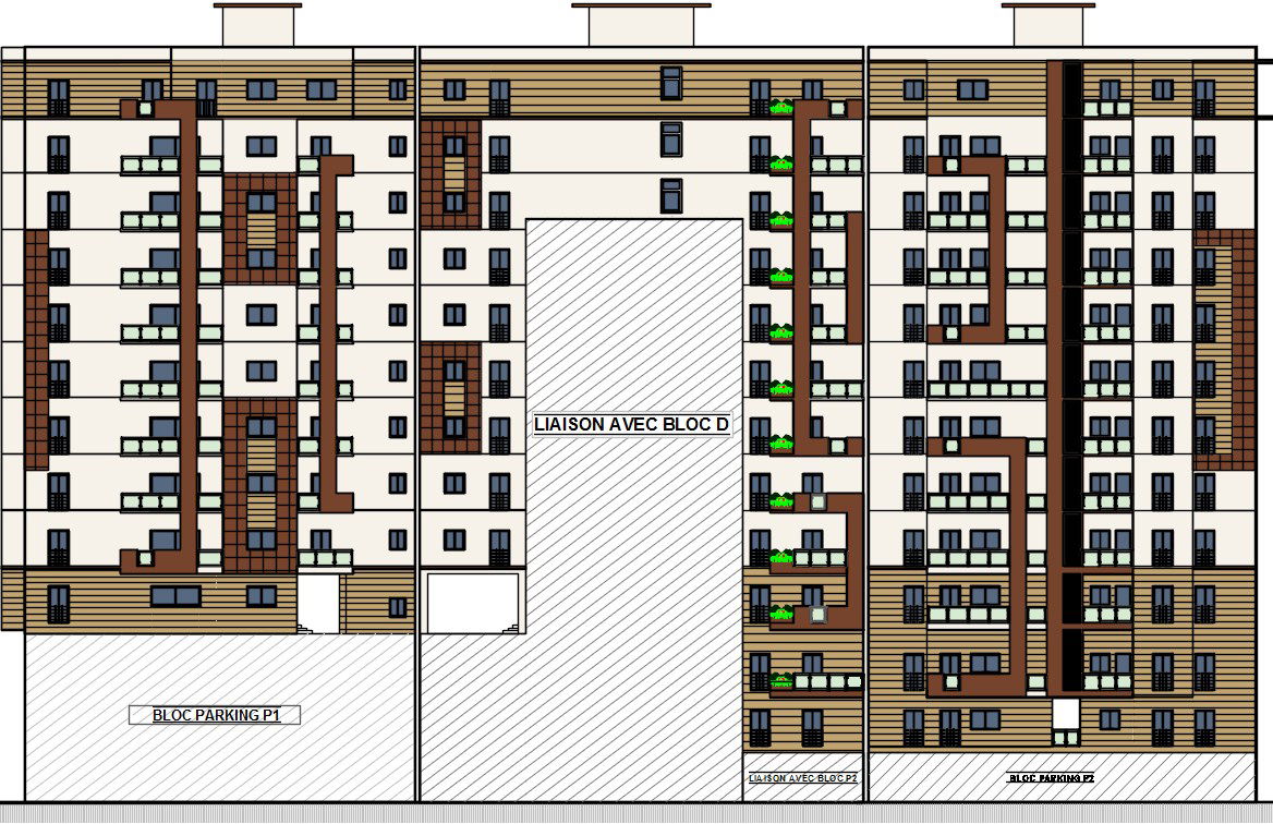 Block P parking and 27x14m service apartment building elevation