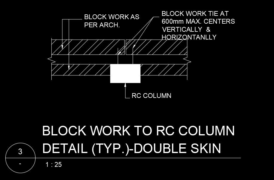 Blockwork to RC column double skin typical drawing