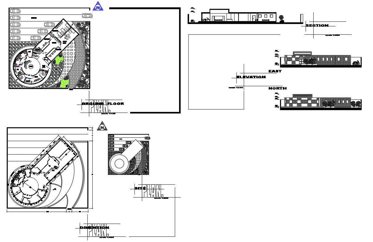 Blood center clinic elevation, section and plan details dwg file