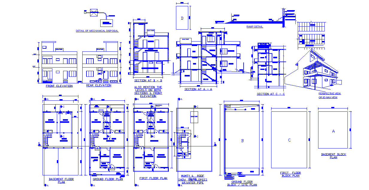 G plus 2 House Plan AutoCAD File with Detailed Floor and Section Views