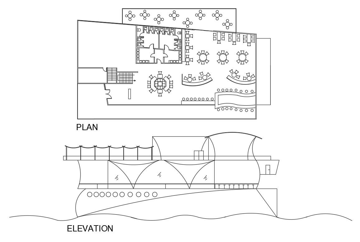 Boat restaurant main elevation and plan cad drawing details dwg file