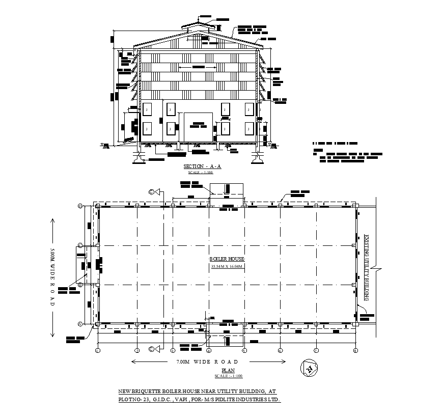 Boiler house building plan and section detail 2d view layout file