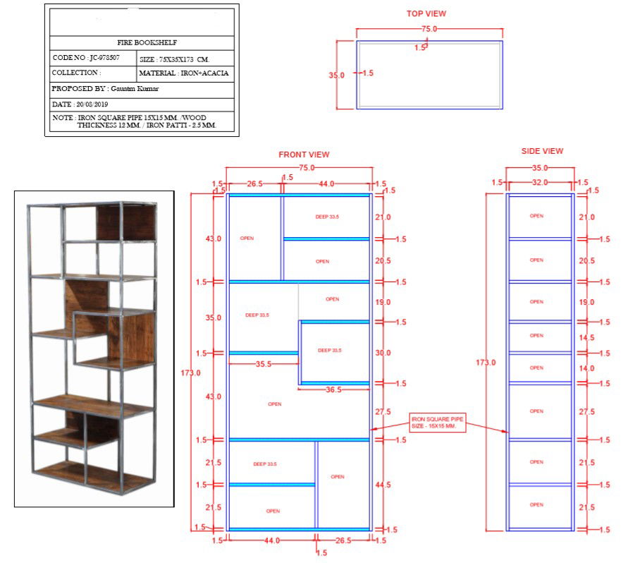 Book Shelf Cabinet Section Design Size 75x35x173 Cm. With PDF File