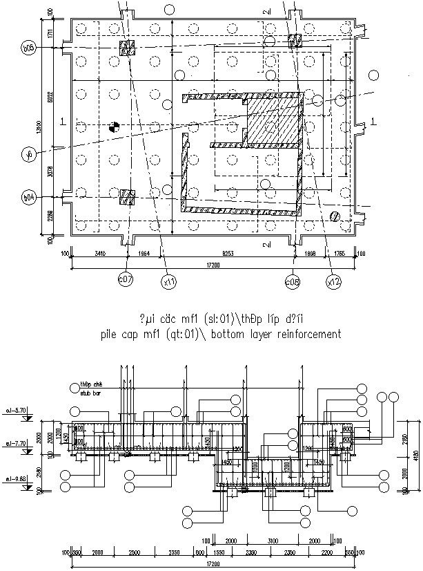 Bottom layer of reinforcement of pile cap.
