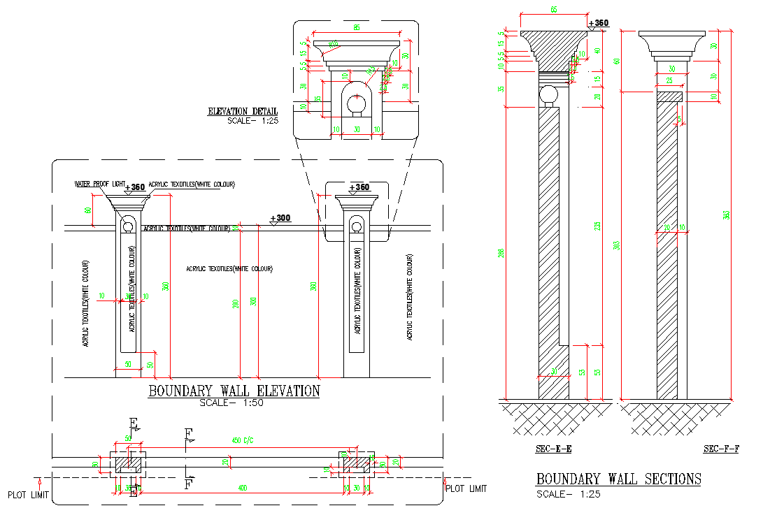 Boundary wall design with detailed layout and section plan in DWG File